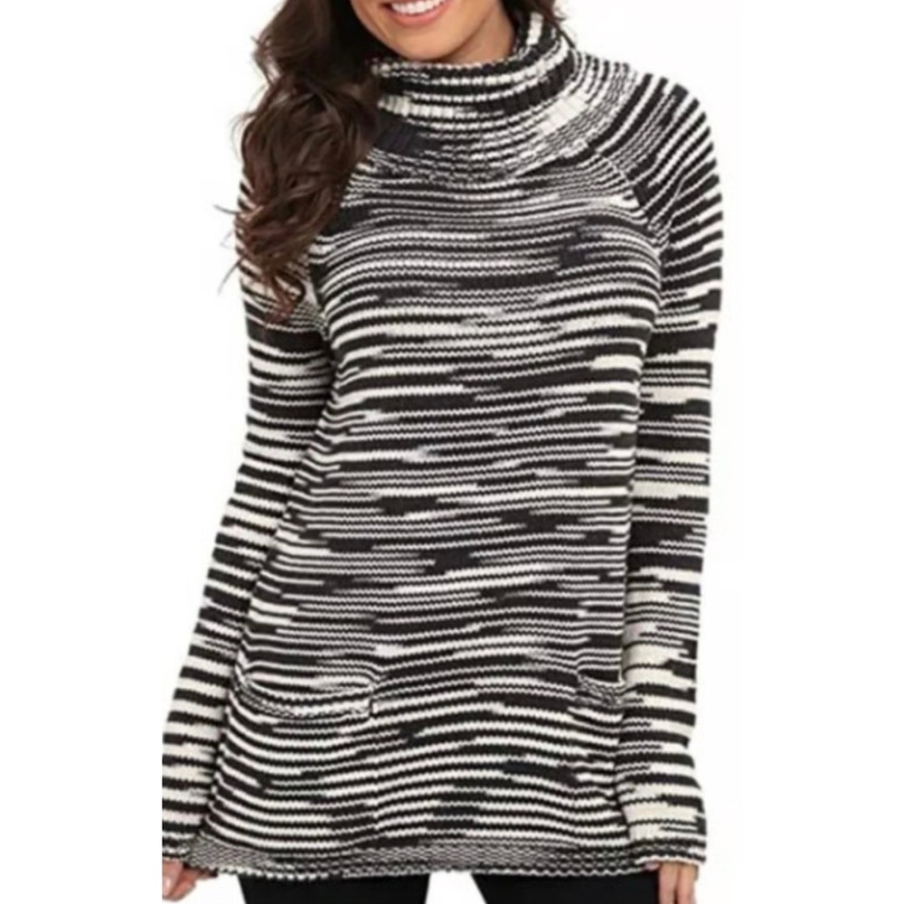 Lucky Brand‎ Women's Large Black White Striped Cowl Neck Sweater Tunic Pockets